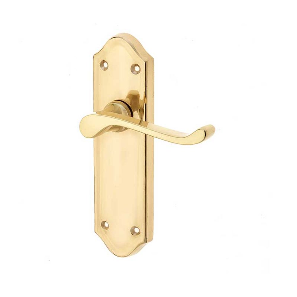 This is an image of a Frelan - Sherborne Lever Latch Handles on Backplates - Polished Brass  that is availble to order from Trade Door Handles in Kendal.
