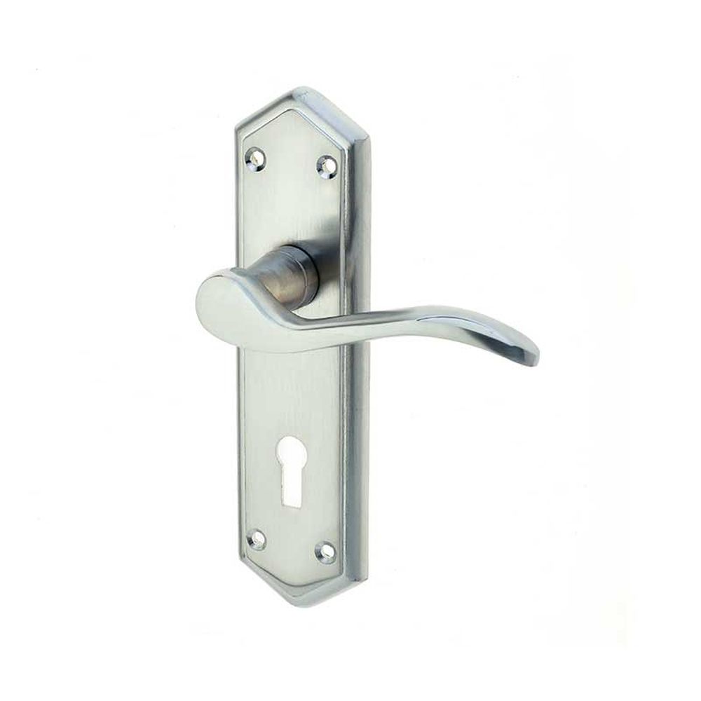 This is an image of a Frelan - Paris Standard Lever Lock Handles on Backplates - Satin Chrome  that is availble to order from Trade Door Handles in Kendal.