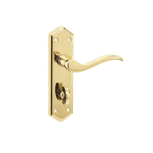 This is an image of a Frelan - Paris Bathroom Lock Handles on Backplates - PVD Brass  that is availble to order from Trade Door Handles in Kendal.