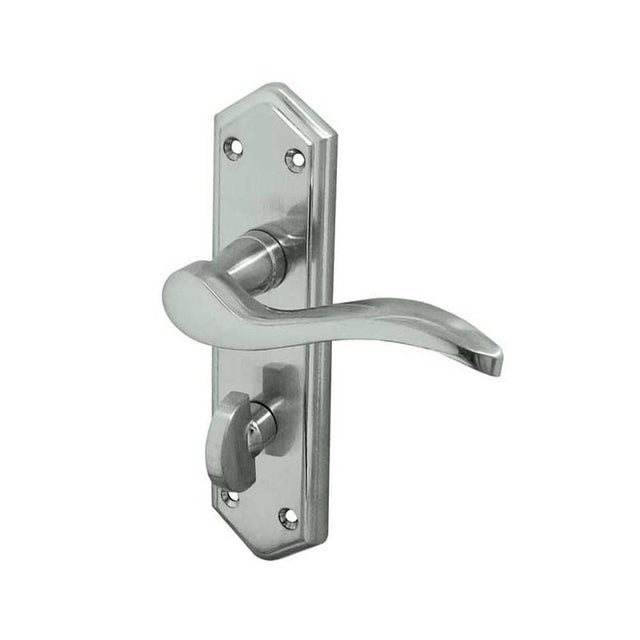 This is an image of a Frelan - Paris Bathroom Lock Handles on Backplates - Satin Chrome  that is availble to order from Trade Door Handles in Kendal.