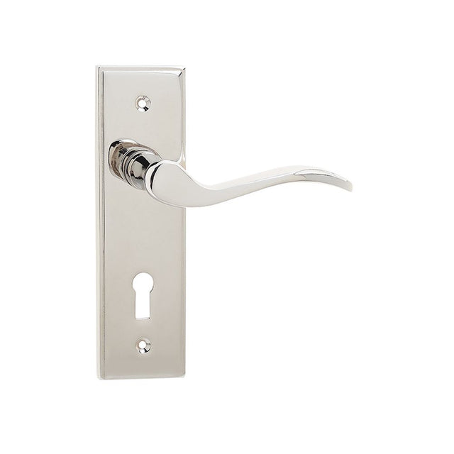 This is an image of a Frelan - Ronda Standard Lever Lock Handles on Backplate - Polished Nickel  that is availble to order from Trade Door Handles in Kendal.