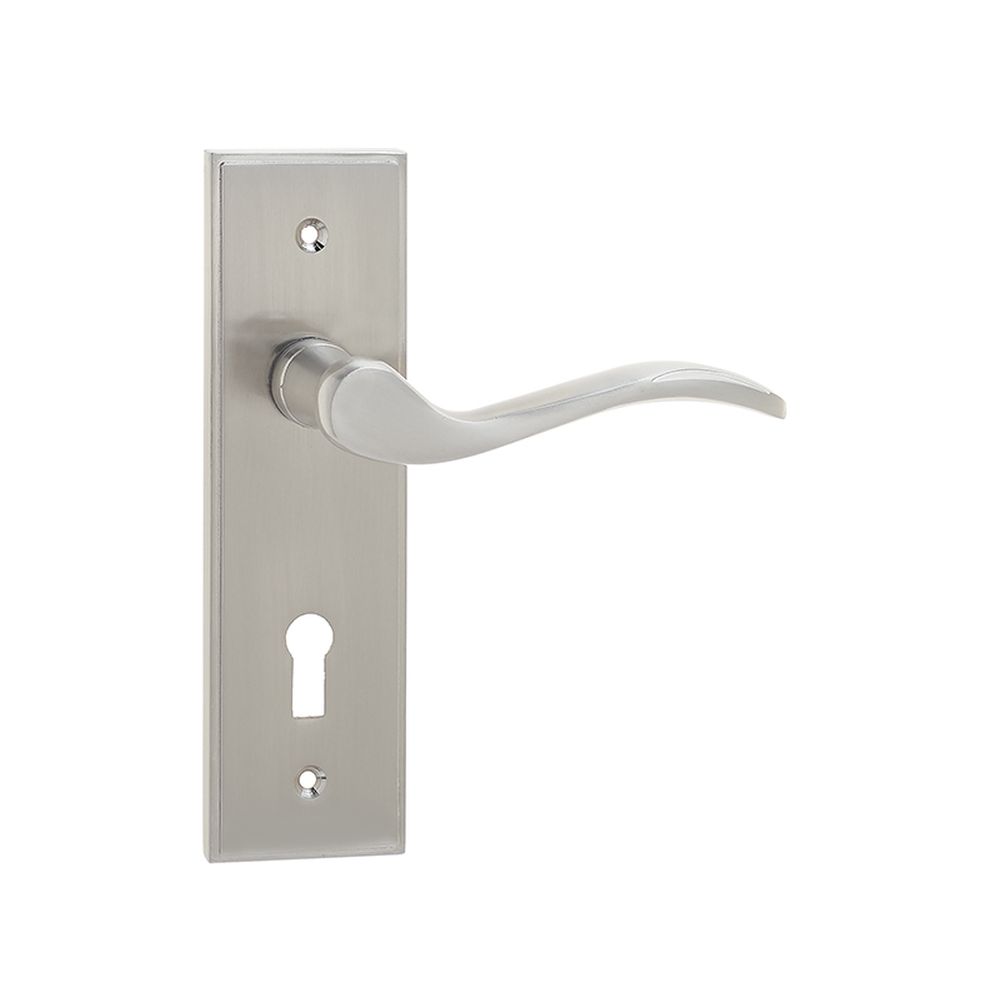 This is an image of a Frelan - Ronda Standard Lever Lock Handles on Backplate - Satin Nickel  that is availble to order from Trade Door Handles in Kendal.