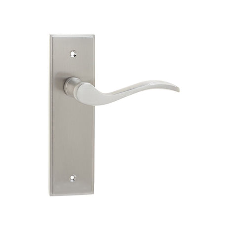 This is an image of a Frelan - Ronda Lever Latch Handles on Backplate - Satin Nickel  that is availble to order from Trade Door Handles in Kendal.