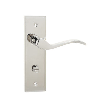 This is an image of a Frelan - Ronda Bathroom Lock Handles on Backplate - Polished Nickel  that is availble to order from Trade Door Handles in Kendal.