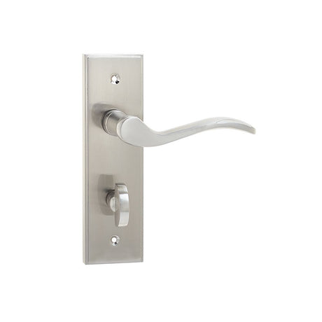 This is an image of a Frelan - Ronda Bathroom Lock Handles on Backplate - Satin Nickel  that is availble to order from Trade Door Handles in Kendal.