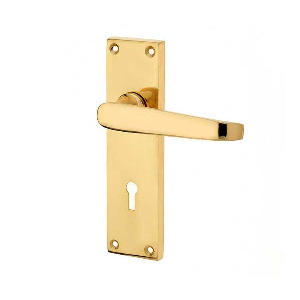 This is an image of a Frelan - Victorian Straight Door Handle on Lockplate Polished Brass  that is availble to order from Trade Door Handles in Kendal.