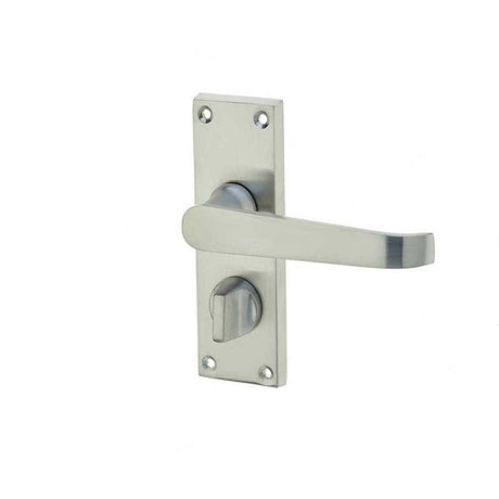 This is an image of a Frelan - Victorian Straight Door Handle on Privacy Plate Satin Chrome  that is availble to order from Trade Door Handles in Kendal.