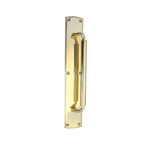This is an image of a Frelan - Chatsworth Pull Handle on 63x380mm Back Plate - Polished Brass  that is availble to order from Trade Door Handles in Kendal.