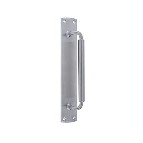 This is an image of a Frelan - Chatsworth Pull Handle on 63x380mm Back Plate - Satin Chrome  that is availble to order from Trade Door Handles in Kendal.