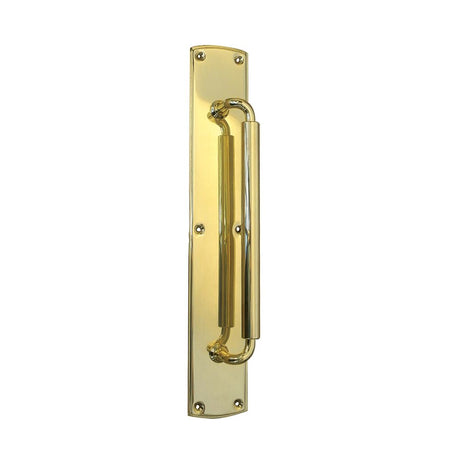 This is an image of a Frelan - Chatsworth Pull Handle on 75x460mm Back Plate - Polished Brass  that is availble to order from Trade Door Handles in Kendal.