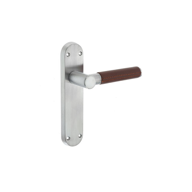This is an image of a Frelan - Ascot Lever Latch Handles on Backplates - Brown Leather Satin Chrome  that is availble to order from Trade Door Handles in Kendal.