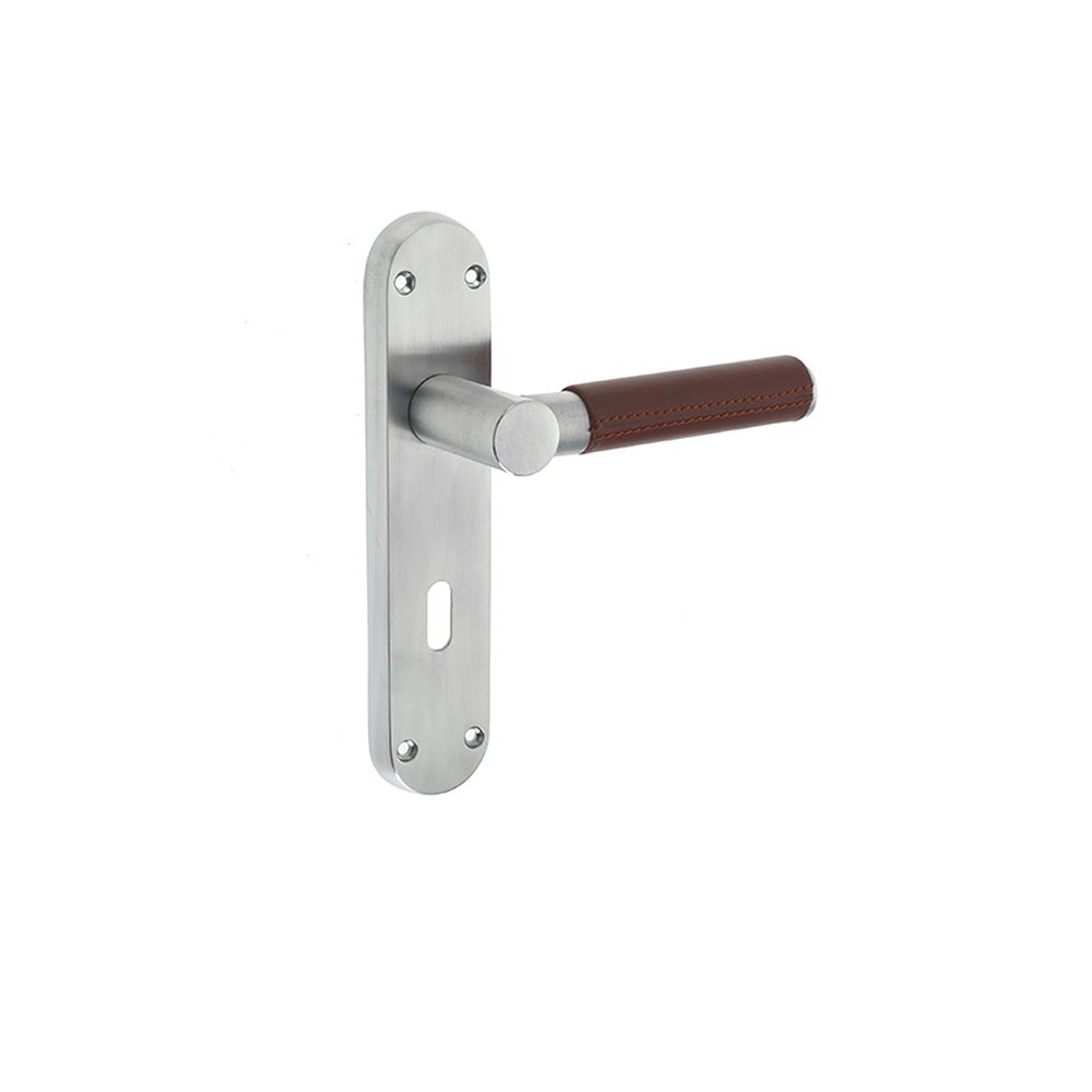 This is an image of a Frelan - Ascot Standard Lock Handles on Backplates - Brown Leather Satin Chrome  that is availble to order from Trade Door Handles in Kendal.