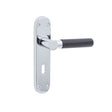 This is an image of a Frelan - Ascot Standard Lock Handles on Backplates - Black Leather Polished Chro  that is availble to order from Trade Door Handles in Kendal.