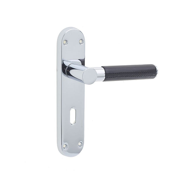 This is an image of a Frelan - Ascot Standard Lock Handles on Backplates - Black Leather Polished Chro  that is availble to order from Trade Door Handles in Kendal.
