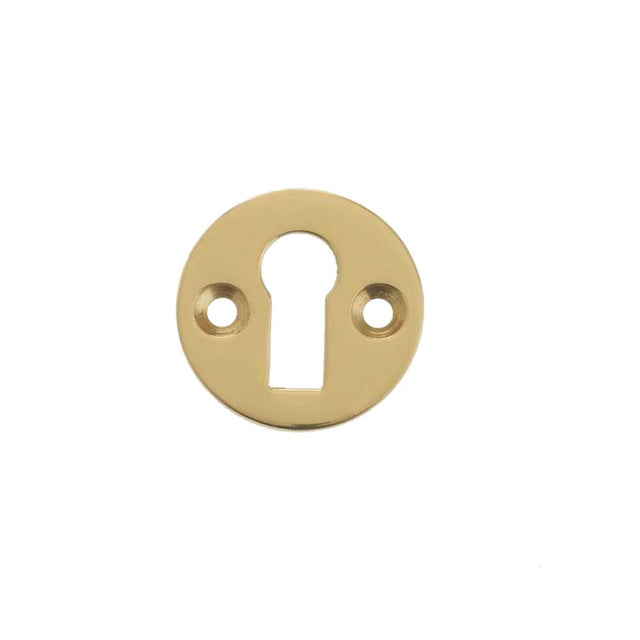 This is an image of a Frelan - Round Open Escutcheon Standard Keyway - Polished Brass  that is availble to order from Trade Door Handles in Kendal.
