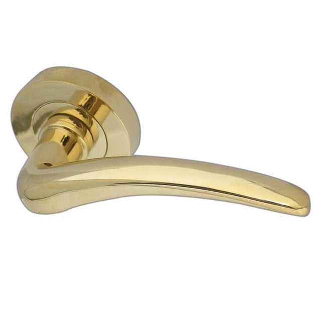 This is an image of a Frelan - Gull Levers on Round Rose - PVD Brass  that is availble to order from Trade Door Handles in Kendal.