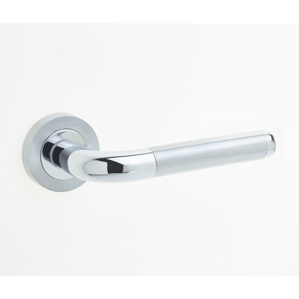 This is an image of a Frelan - Twin Levers on Round Rose - Polished Chrome/Satin Chrome  that is availble to order from Trade Door Handles in Kendal.