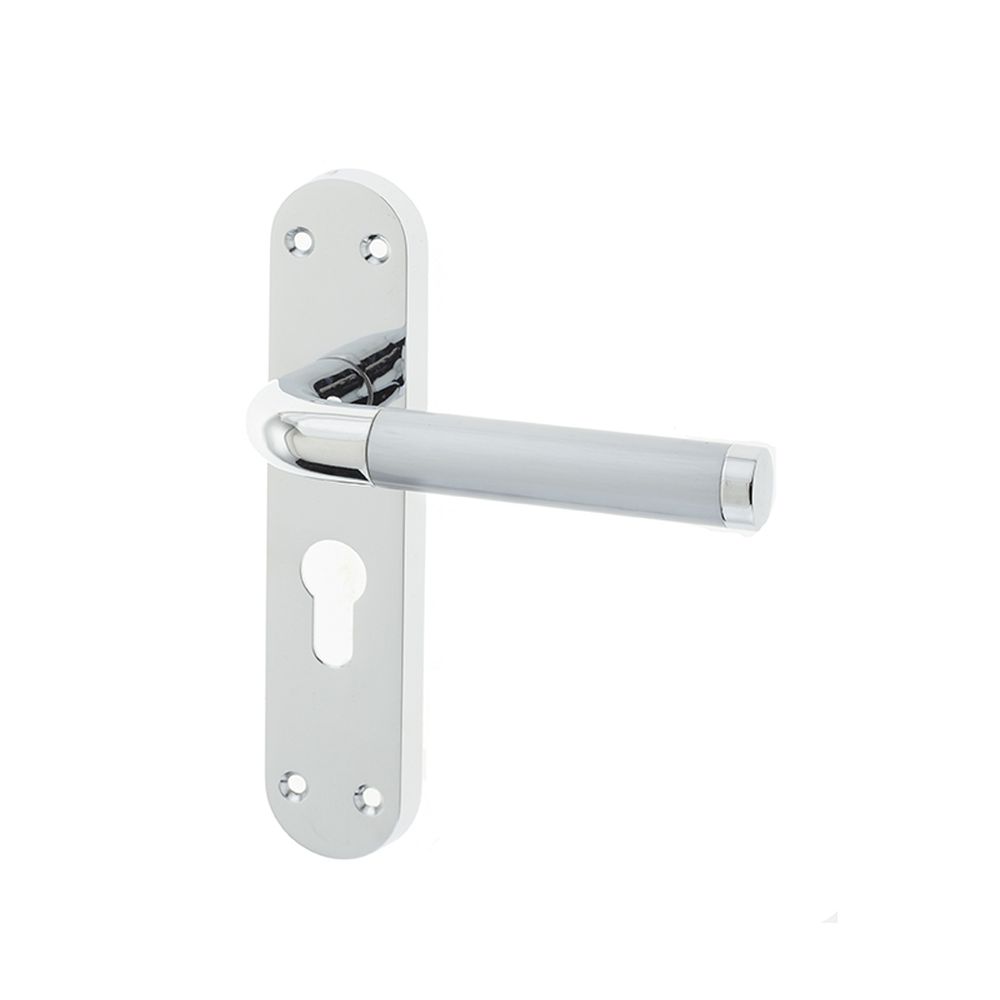 This is an image of a Frelan - Twin Euro Profile Lock Handles on Backplates - Polished Chrome/Satin Ch  that is availble to order from Trade Door Handles in Kendal.