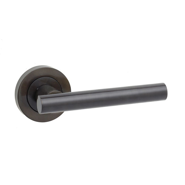This is an image of a Frelan - Petra Lever Handles on Round Rose - Dark Bronze  that is availble to order from Trade Door Handles in Kendal.