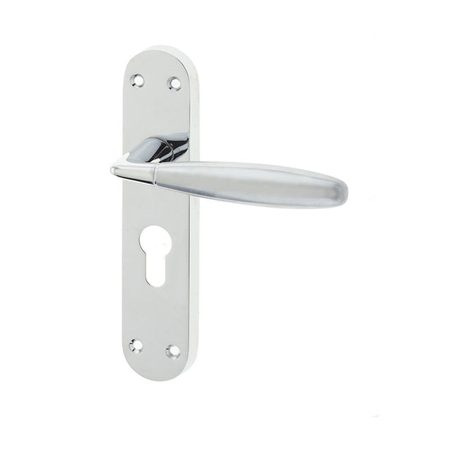 This is an image of a Frelan - Stylo Euro Profile Lock Handles on Backplate - Polished Chrome/Satin Ch  that is availble to order from Trade Door Handles in Kendal.