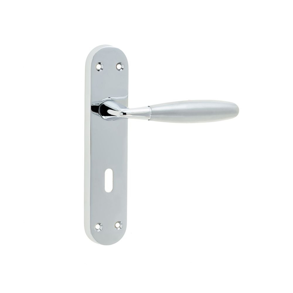 This is an image of a Frelan - Stylo Standard Lock Handles on Backplate - Polished Chrome/Satin Chrome  that is availble to order from Trade Door Handles in Kendal.
