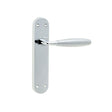 This is an image of a Frelan - Stylo Lever Latch Handles on Backplate - Polished Chrome/Satin Chrome  that is availble to order from Trade Door Handles in Kendal.