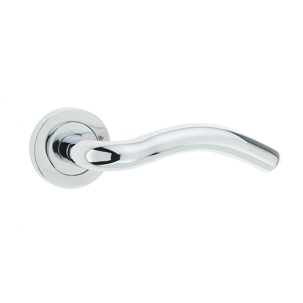 This is an image of a Frelan - Flow Levers on Round Rose - Polished Chrome  that is availble to order from Trade Door Handles in Kendal.