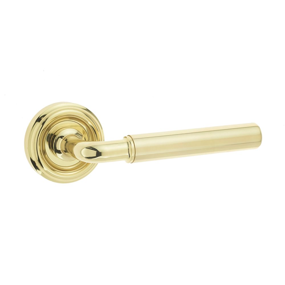 This is an image of a Frelan - Elise Levers on Round Rose - Polished Brass  that is availble to order from Trade Door Handles in Kendal.