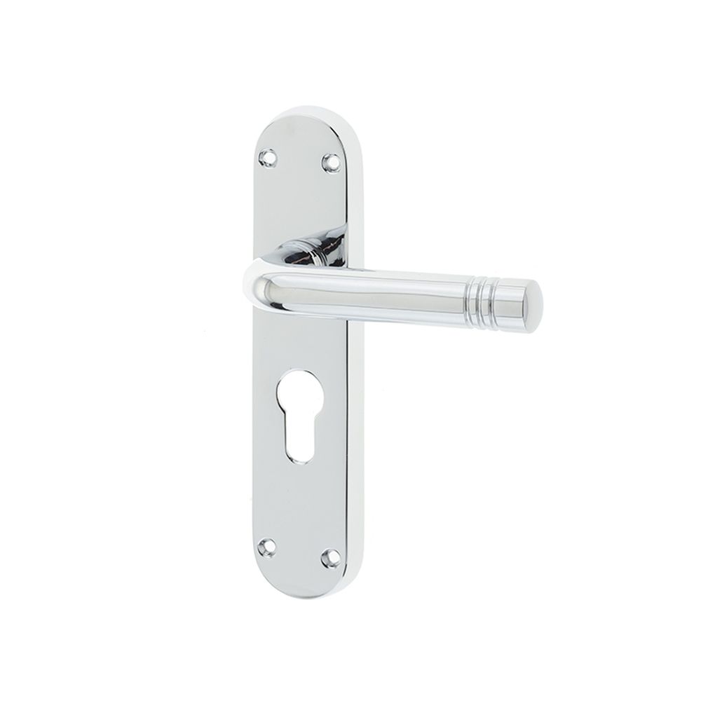 This is an image of a Frelan - Porto Euro Lock Handles on Backplates - Polished Chrome  that is availble to order from Trade Door Handles in Kendal.