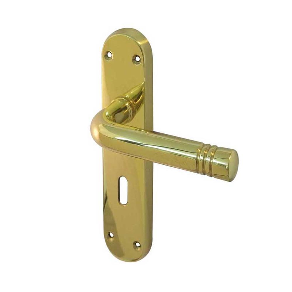 This is an image of a Frelan - Porto Standard Lock Handles on Backplates - Polished Brass  that is availble to order from Trade Door Handles in Kendal.