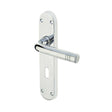 This is an image of a Frelan - Porto Standard Lock Handles on Backplates - Polished Chrome  that is availble to order from Trade Door Handles in Kendal.