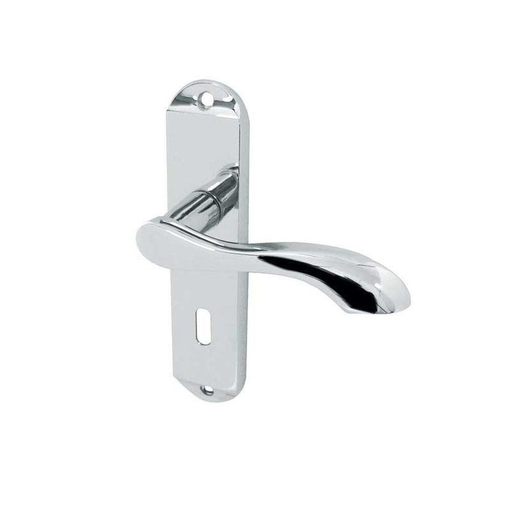 This is an image of a Frelan - Broadway Standard Lever Lock Handles on Backplates - Polished Chrome  that is availble to order from Trade Door Handles in Kendal.