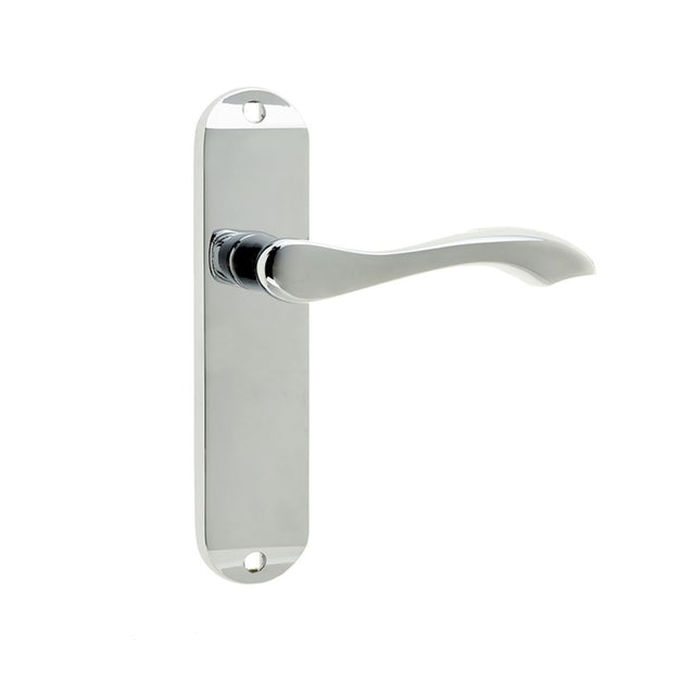 This is an image of a Frelan - Broadway Lever Latch Handles on Backplates - Polished Chrome  that is availble to order from Trade Door Handles in Kendal.