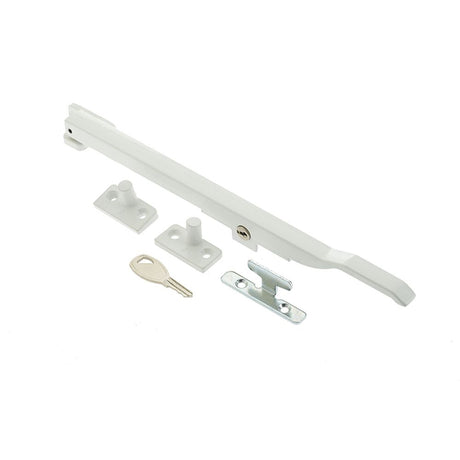 This is an image of a Frelan - 250mm White locking casement stay  that is availble to order from Trade Door Handles in Kendal.