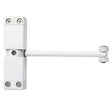 This is an image of a Frelan - White spring arm door closer   that is availble to order from Trade Door Handles in Kendal.