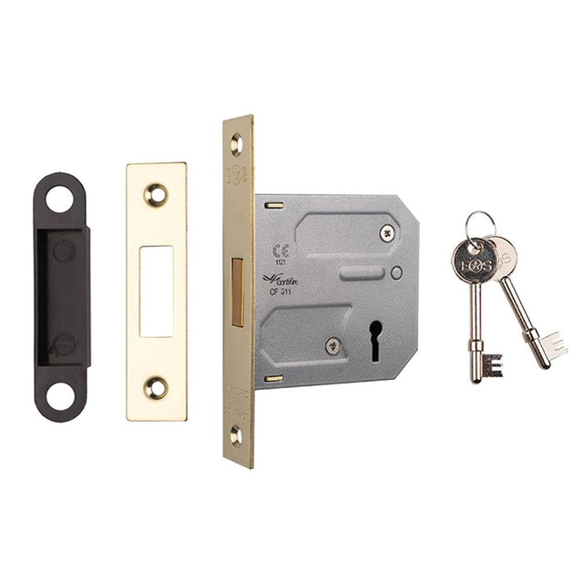 This is an image of a Eurospec - Lever Deadlock 76mm - Electro Brassed that is availble to order from Trade Door Handles in Kendal.