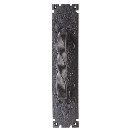 This is an image of a Ludlow - Barley Twist Pull Handle on Backplate - Black Antique that is availble to order from Trade Door Handles in Kendal.