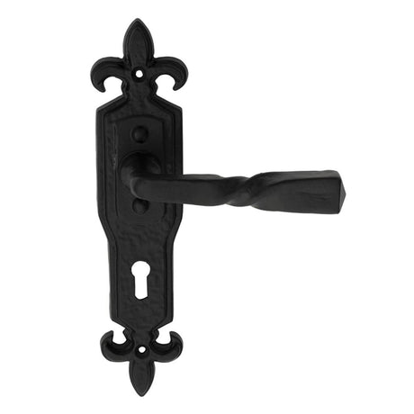 This is an image of a Ludlow - Barley Twist Lever on Gothic Lock Backplate - Black Antique that is availble to order from Trade Door Handles in Kendal.