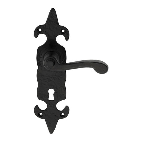 This is an image of a Ludlow - Fleur de lys' Lever on Lock Backplate - Black Antique that is availble to order from Trade Door Handles in Kendal.