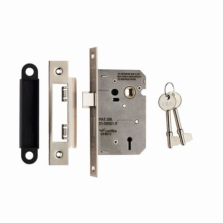 This is an image of a Eurospec - Contract 3 Lever Sashlock 64mm - Satin Nickel that is availble to order from Trade Door Handles in Kendal.