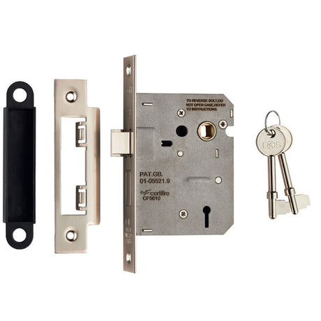 This is an image of a Eurospec - Contract 3 Lever Sashlock 76mm - Satin Nickel that is availble to order from Trade Door Handles in Kendal.