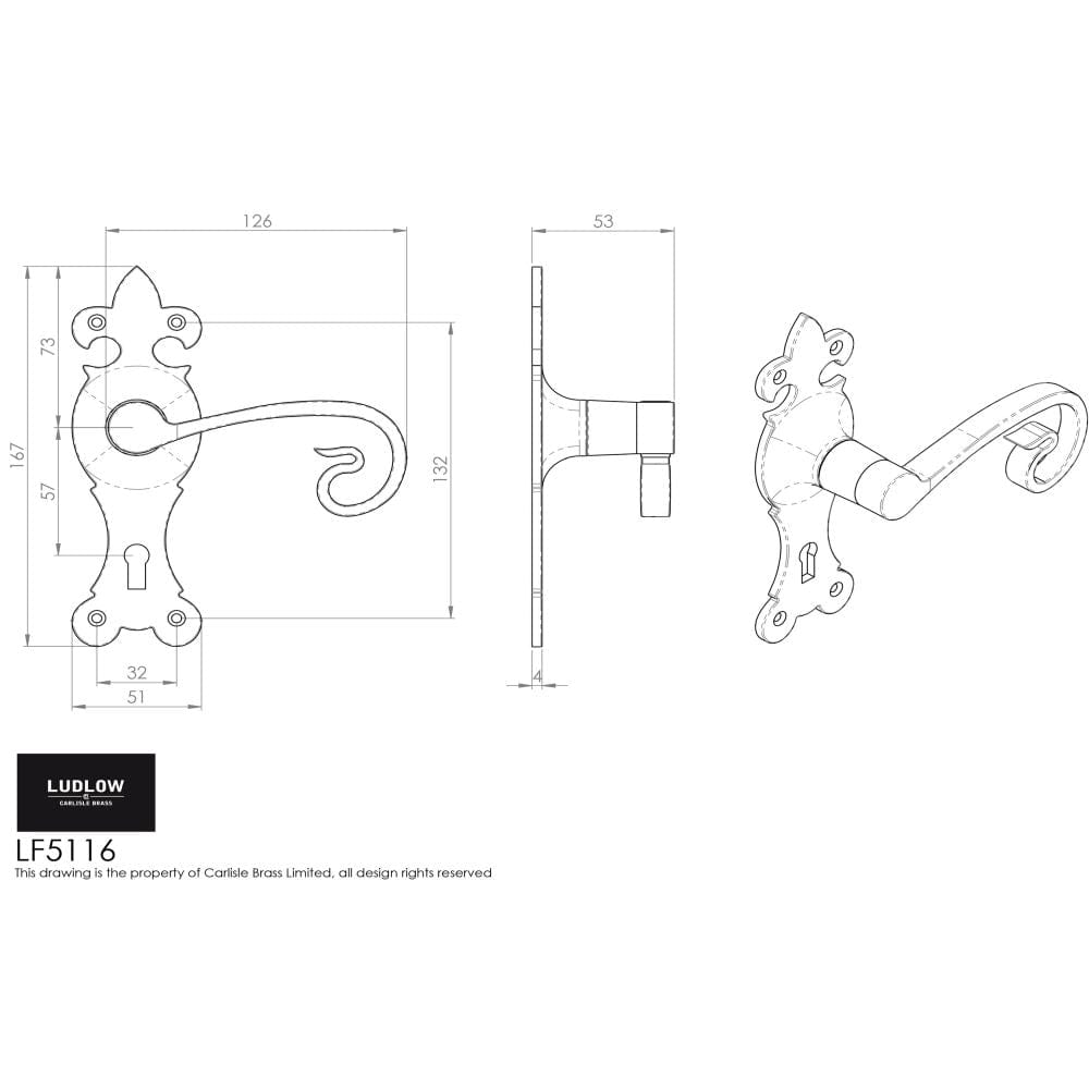 Ludlow Foundries Door Furniture Antique Black / Std. Lock Handles Ludlow - Curly Tail Lever on Lock Backplate - Black Antique