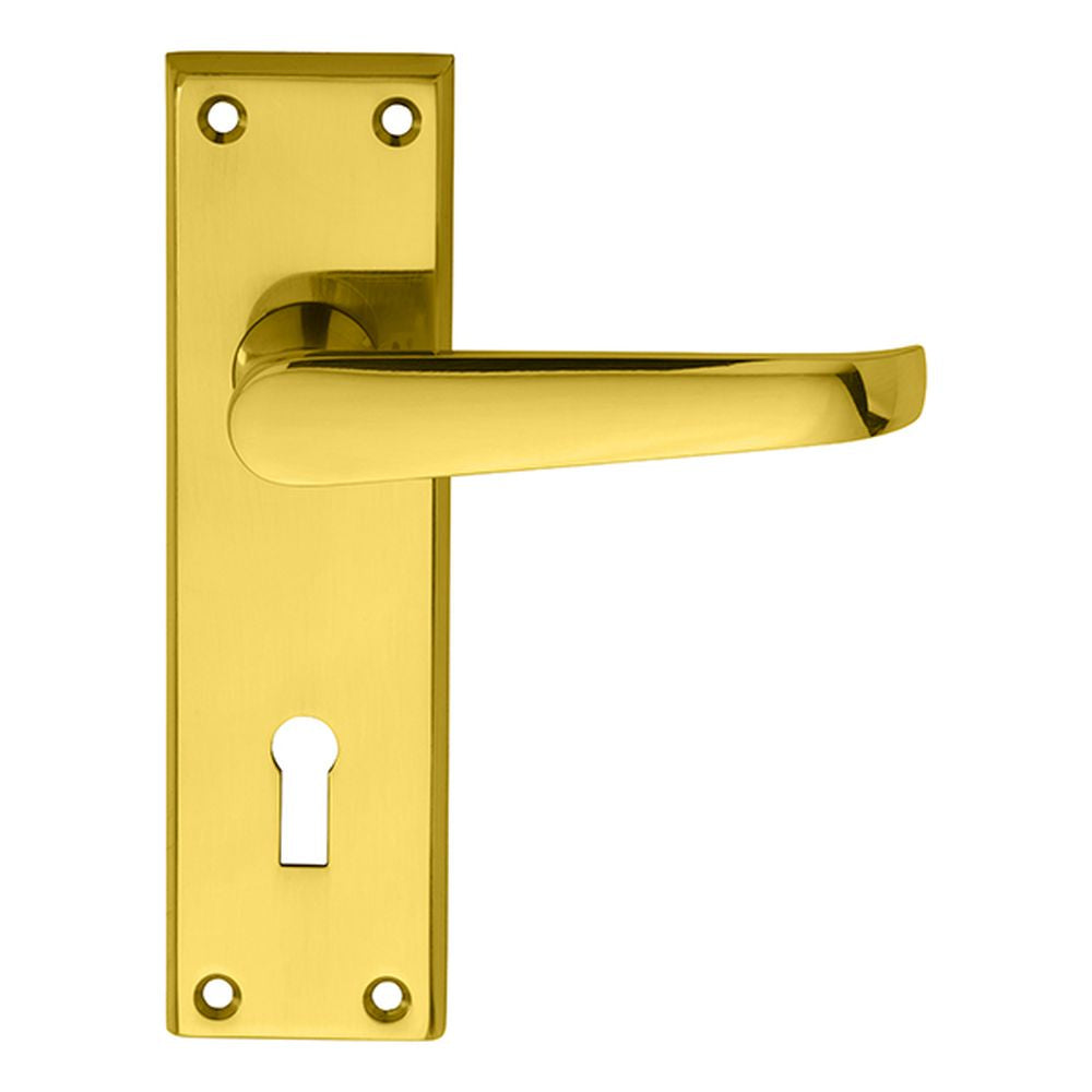 This is an image of a Carlisle Brass - Victorian Lever on Lock Backplate - Polished Brass that is availble to order from Trade Door Handles in Kendal.