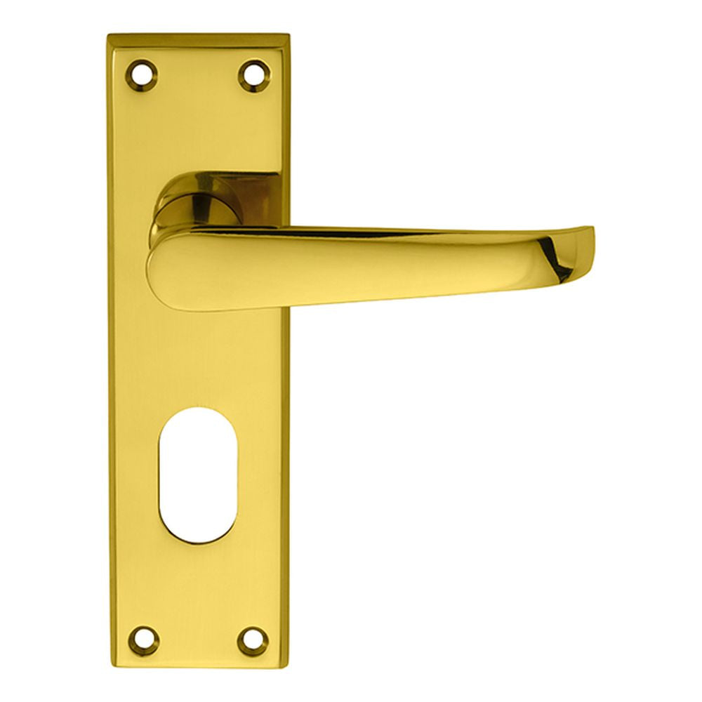 This is an image of a Carlisle Brass - Victorian Lever on Oval Lock Backplate - Polished Brass that is availble to order from Trade Door Handles in Kendal.