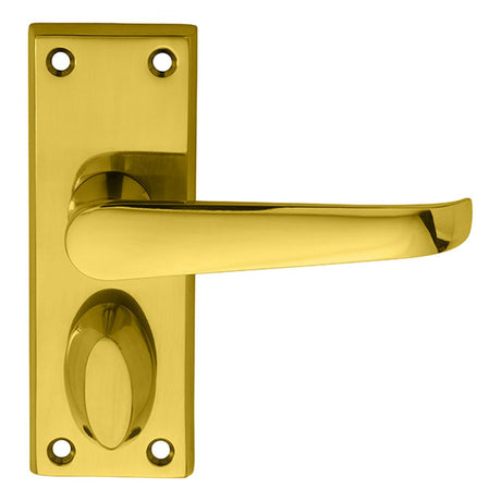 This is an image of a Carlisle Brass - Victorian Lever on Privacy Backplate - Polished Brass that is availble to order from Trade Door Handles in Kendal.