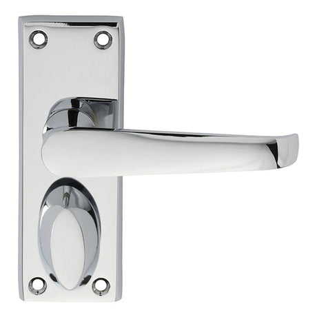 This is an image of a Carlisle Brass - Victorian Lever on Privacy Backplate - Polished Chrome that is availble to order from Trade Door Handles in Kendal.