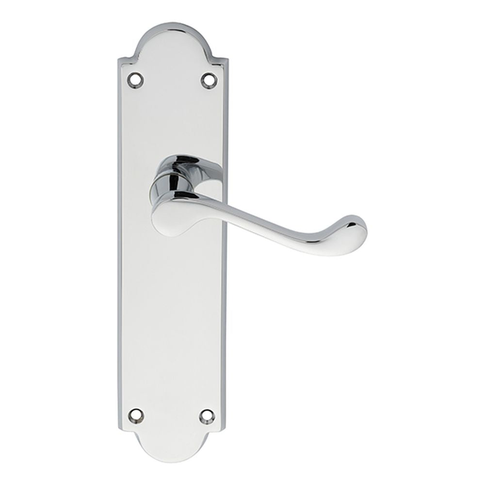 This is an image of a Carlisle Brass - Victorian Scroll Lever on Shaped Latch Backplate - Polished Chr that is availble to order from Trade Door Handles in Kendal.