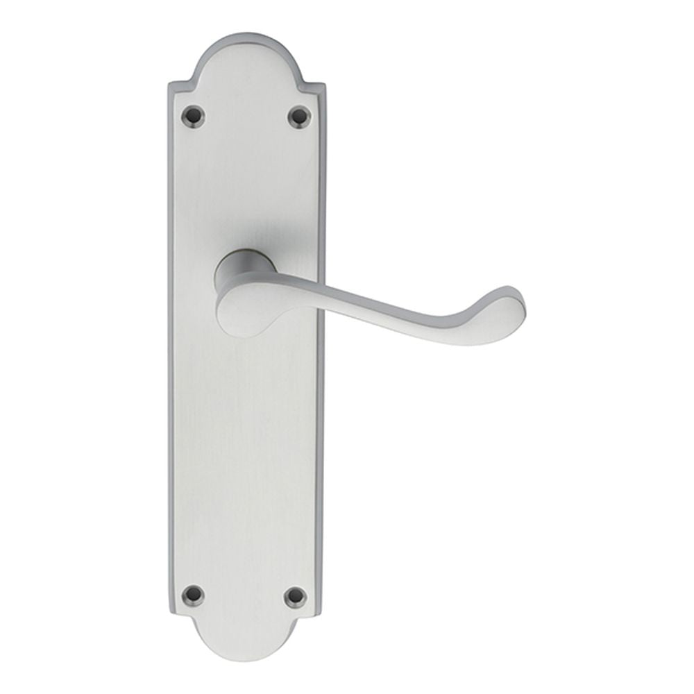 This is an image of a Carlisle Brass - Victorian Scroll Lever on Shaped Latch Backplate - Satin Chrome that is availble to order from Trade Door Handles in Kendal.