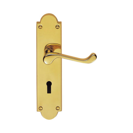 This is an image of a Carlisle Brass - Victorian Scroll Lever on Shaped Lock Backplate - Polished Bras that is availble to order from Trade Door Handles in Kendal.