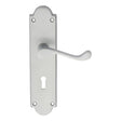 This is an image of a Carlisle Brass - Victorian Scroll Lever on Shaped Lock Backplate - Satin Chrome that is availble to order from Trade Door Handles in Kendal.